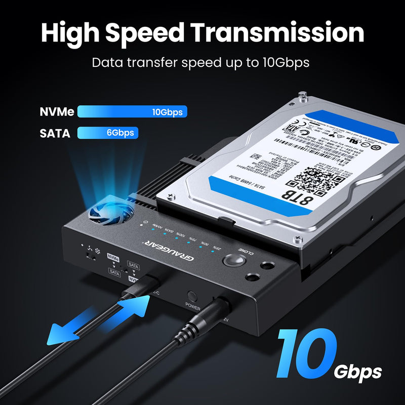 GRAUGEAR NVMe M.2 & SATA SSD/HDD Hard Drive Docking Station, USB-C 10Gbps NVMe Reader, SATA to M.2 NVMe Cloner, 2.5/3.5 SATA Enclosure Lay-Flat Clone Station, Dual Bay Offline Clone
