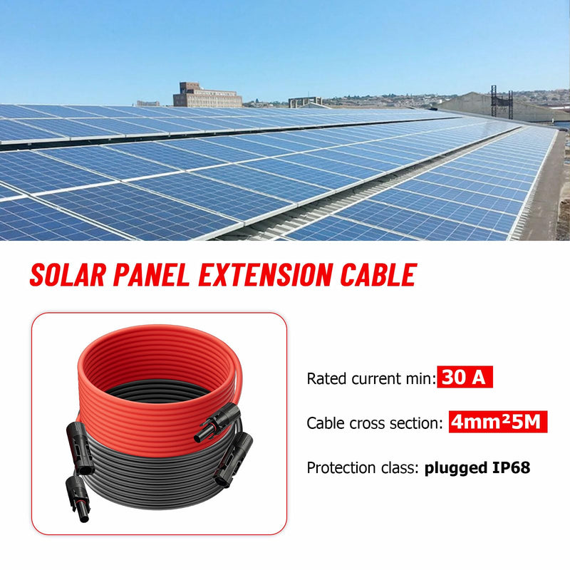 Solar Cable 4 mm² / Extension 5 m - UV-Resistant, TUV, VDE Certified, with Solar Plugs, for Photovoltaic Systems (Red/Black) (4 mm²5 M) 4 mm²/5m