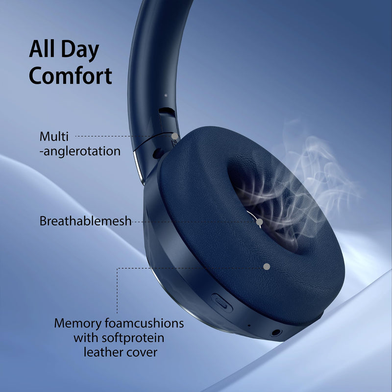 Active Noise Cancelling Headphones, 100H Playtime Headphones Wireless Bluetooth, Bluetooth Headphone with Microphone, Over- Ear Wireless Headphone with Deep Bass for Travel (Blue) Blue