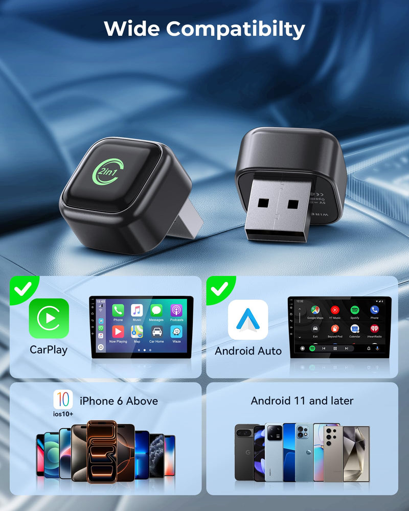Wireless CarPlay Adapter, Convert Wired to Wireless, 2-in-1 CarPlay & Android Auto, Mini Plug & Play, Fast Auto-Connect & No Latency, USB/USB-C for Cars with Built-in CarPlay & iOS 10+/Android 11+ Gunmetal Black