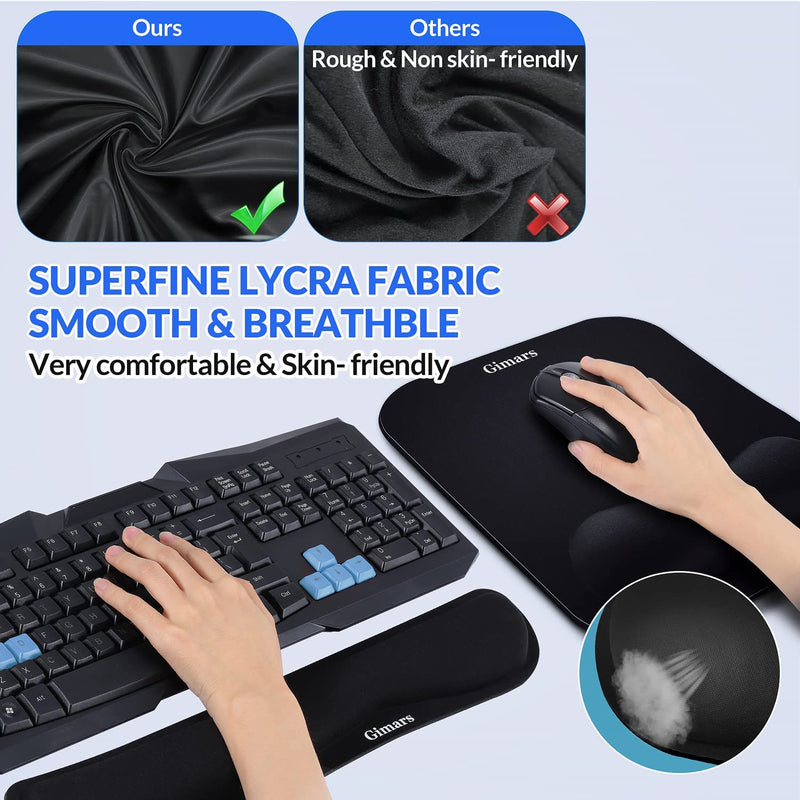 Gimars Elongate Smooth Lycra Fabric Ergonomic Mouse Pad Wrist Support, Gel Memory Foam Cushion Set Keyboard Wrist Rest Support, Pain Relieve for Computer, Laptop, Office, School, Home, Gaming, Black Square Set-black