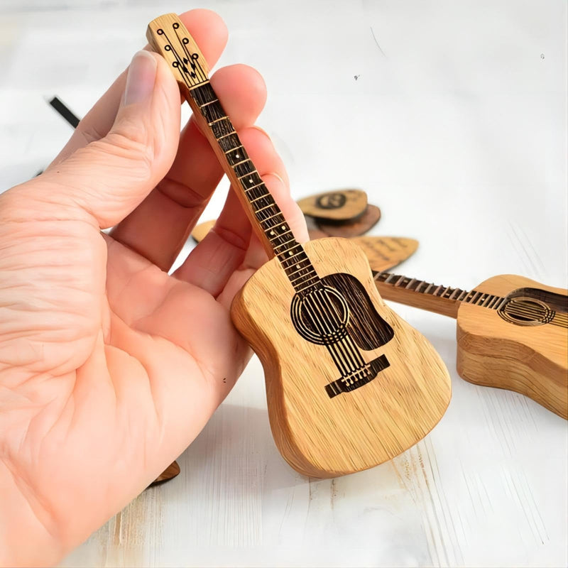 Wooden Guitar Pick Box with Stand,3PCS Unique Guitar Picks,Guitar Pick Holder Box,Musician Engraved Wooden Plectrum Case,Acoustic Guitar Box for Electric Bass Guitar Ukulele Lover