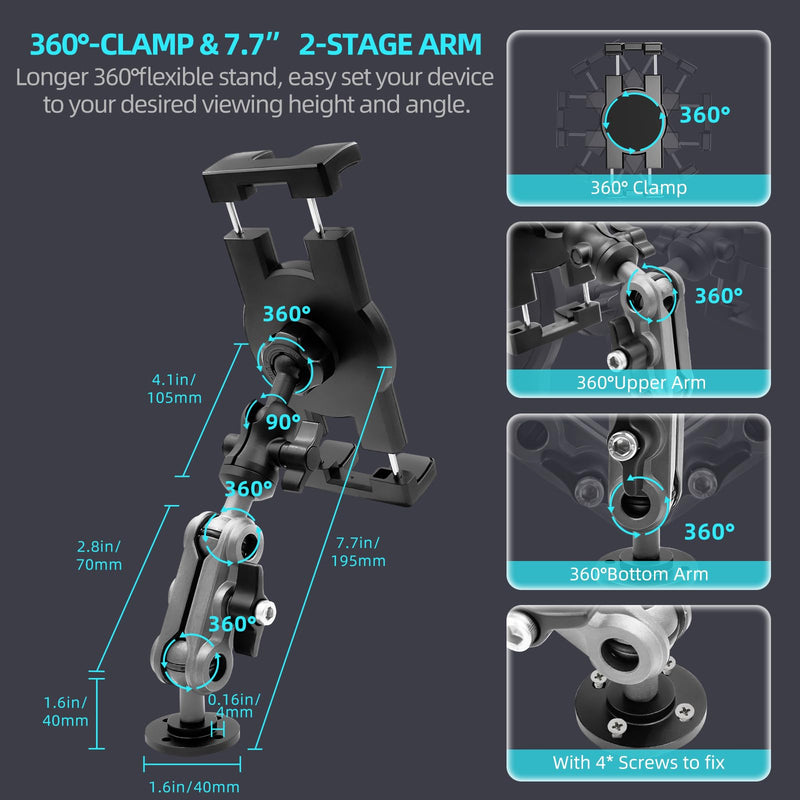 Aluminum Heavy Duty Drill Base Tablet Holder Car Mount Dashboard, 360° Adjustable 2-Stage Stand for 4.7-12.9" iPad Pro/Air/Mini/Samsung Galaxy Tab, for Car Truck Wall Desk Commercial Vehicle
