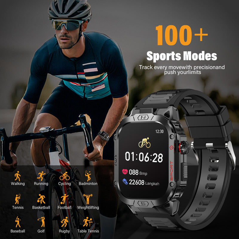 Military Smart Watch for Men, 2.02" Screen, 100+ Sport Modes, Android iOS | Heart Rate Blood Oxygen Blood Pressure Sleep, 100+ Sport Modes Fitness Tracker, Outdoor Sport Smartwatch with Flashlight Black