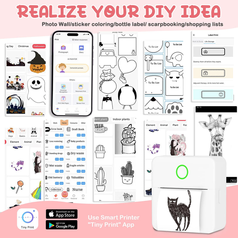 Mini Printer, Portable Thermal Printer with 10 Rolls Paper, Sticker Printer Machine, Study Printer for Notes, Photos, Journals, DIY, Mini Pocket Printer Compatible with Android & iOS 1 White Printer & 10 Rolls Paper