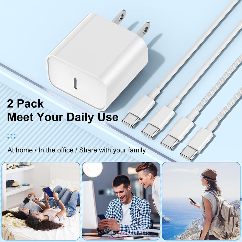 for iPhone 15 Charger Fast Charging, 2Pack 6FT USB C to USB C Nylon Braided Cable with 20W Type C Rapid Charging Block for iPhone 15 Plus/15 Pro Max, iPad Pro 12.9/11 inch/4/3th/Air/Mini White 2Pack 6Feet