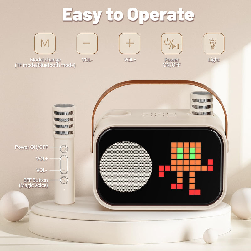 Karaoke Machine for Kids Adults, Portable Bluetooth Karaoke Speaker with 2 Wireless Microphones, Pixel Display Light, Birthday Gifts Toys for Girls & Boys Ages 3, 4, 5, 6, 7, 8, 9,10,11,12+ Years 2 Mics Beige