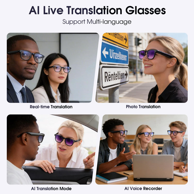 AI Smart Glasses with Camera, 4K Video Recording Camera Glasses for Travel | AI Sunglasses for Women Men, Life Vlog Work, Real-Time Translation, Voice Assistant, Hands-Free Calls, Open-Ear Audio, 3 Lens Lacquer Black