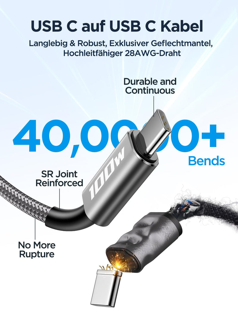 USB C to USB C Cable [2 Pieces 2 M + 2 M] 100 W USB C Cable PD Fast Charging Cable Nylon USB Type C Charging Cable for iPhone 16 Pro Max, iPhone 15, Samsung S24 S23 S22 S21, iPad Pro, MacBook Pro/Air, 2M+2M gray