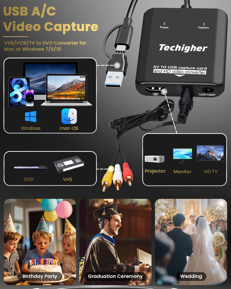 VHS to Digital Converter & RCA to HDMI Adapter USB Video Capture Card for VCR/DVD/AV/PS2/Wii,av to hdmi Converter to Display Output, wii hdmi Adapter,Save/Convert OldVideo (Optimized 2025) Optimized 2025
