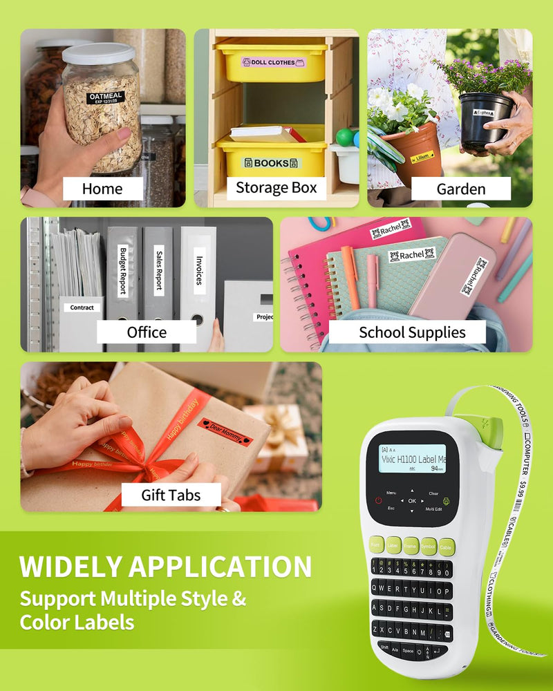 [AUSTRALIA] - Label Maker Machine with-Tape, H1100 Handheld Label Maker Portable Labeler with Backlight Screen Keyboard for Home School Office Organization, Multiple Fonts Symbols Borders Easy to Use Inkless Label Maker with 1 Tape Green 