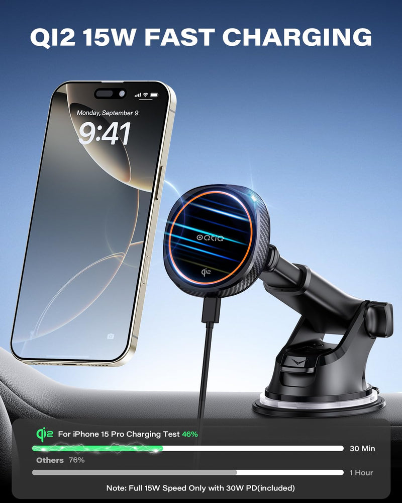 OQTIQ for Magnetic Car Mount Charger- QI2 15W Fast Wireless Charging | Strong Magnetic Grip, Built-in Cooling Fan, Suction Cup & Vent Mount [PD 30W Adaptor Included] Orange - QI2 15W Version