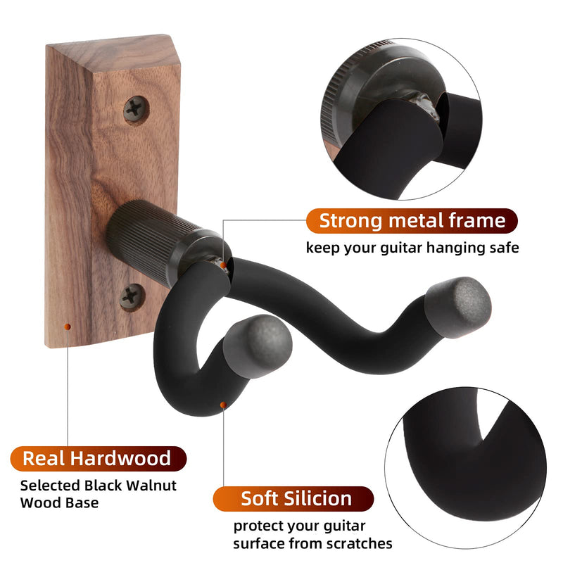 Guitar Wall Mounts 4 Pack, Hangers Hooks Bracket Holders for Acoustic and Electric Guitars, Bass Banjo Mandolin, Black Walnut Wood Base V4-Black