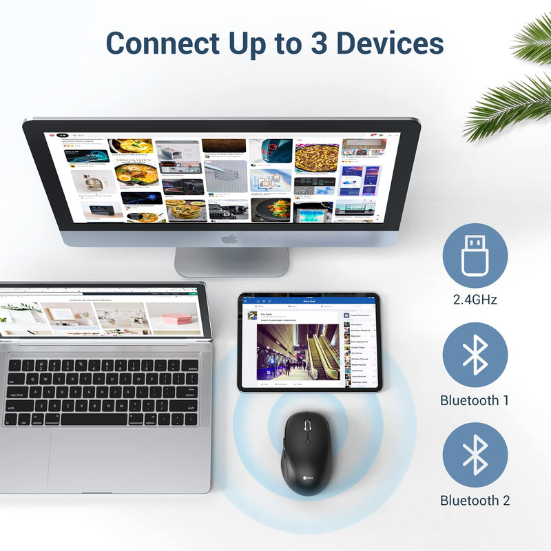 Wireless Mouse, iClever MD165 Dual Mode Wireless Mouse, Bluetooth Type-C Rechargeable Mouse, 2.4G Wireless Computer Mice with USB Receiver, 3 Device Connection for Windows 7/8/10, Mac, iOS, Android