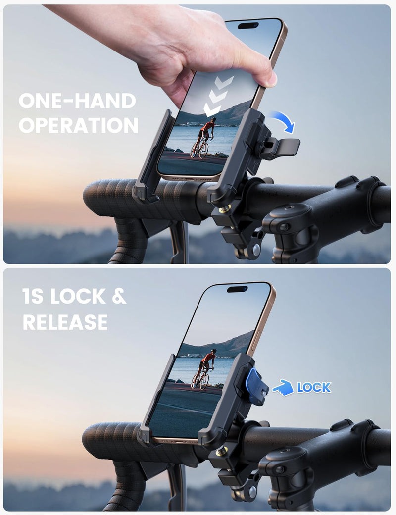 Lamicall Motorcycle Bike Phone Mount - [No Block Camera] [1s Lock] Bike Cell Phone Holder Clamp, Bicycle Scooter Handlebar Clip, Gifts for iPhone 17 16 15 14 Pro Max, Galaxy S25 Ultra, 4.7-7" Phones Black