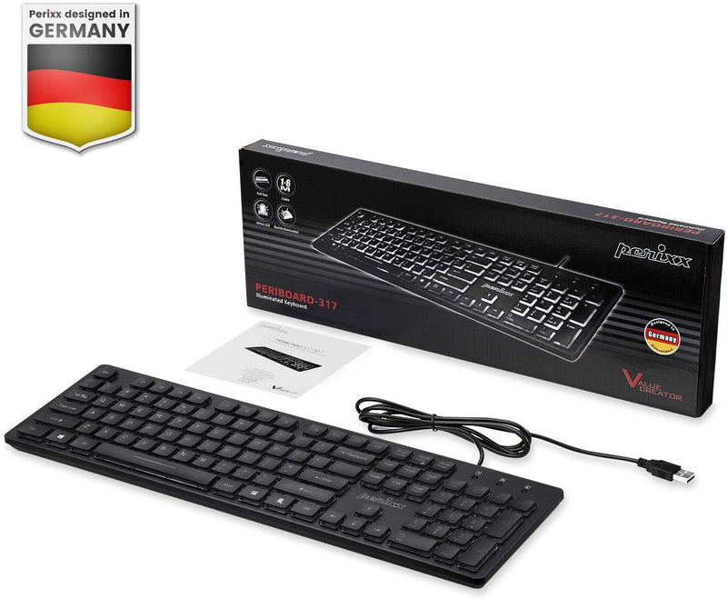Perixx PERIBOARD-317ES es un teclado con cable y retroiluminado LED, Letras impresas en grande con iluminación blanca, Teclado Full Size, QWERTY Español