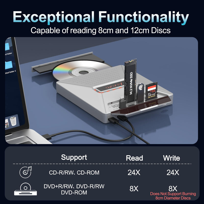 [AUSTRALIA] - Alxum External CD DVD Drive for Laptop, 7 in 1 Portable CD Player DVD Burner with M.2 NVMe/USB 2.0 Interface and SD/Micro SD Card Slot, Ultra-Slim Disk Drive Optical for Windows/Mac OS/Linux/Vista Gray 