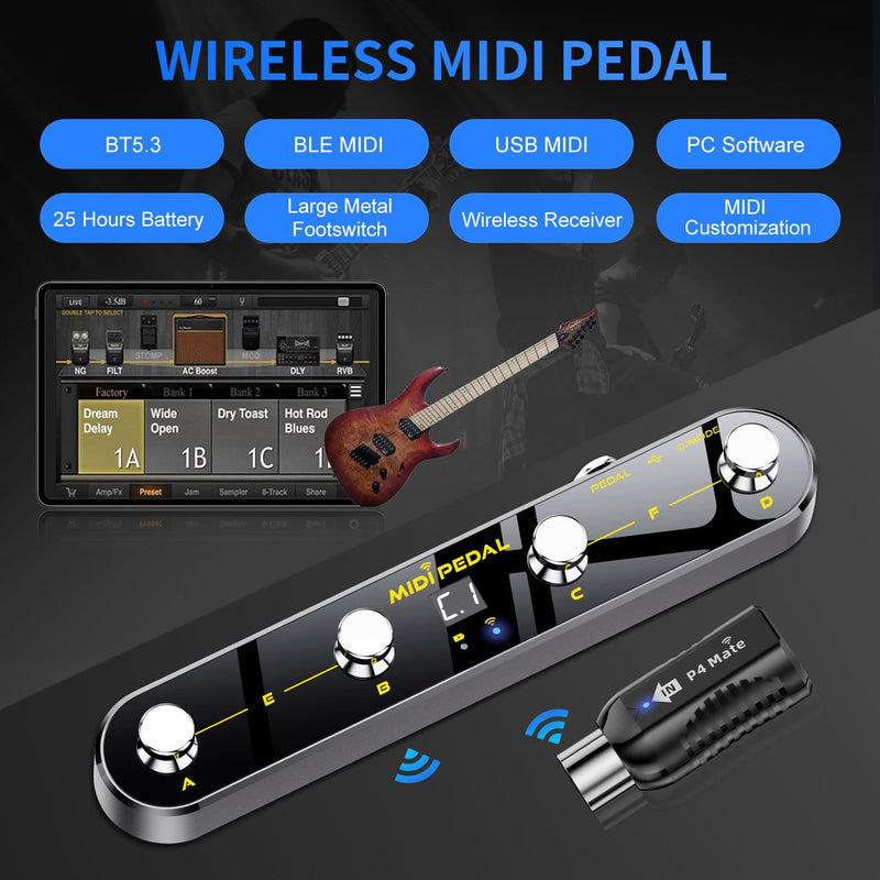 [AUSTRALIA] - Wireless MIDI Foot Controller Pedal with Mate MIDI Receiver, 4 Customizable Footswitches, Expression Pedal, Bluetooth & USB MIDI, PC App Programmable, 5 Modes - Works with DAWs, Synths, FX Units 