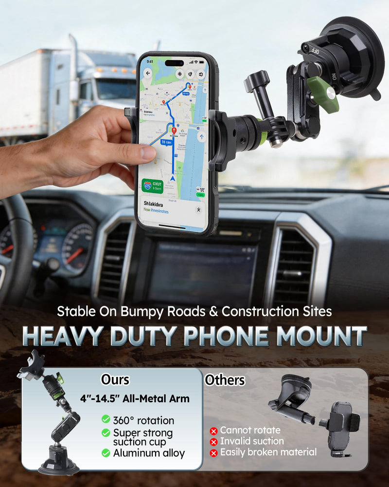 Semi Truck Phone Mount for Drivers, 360° Anti-Shake, Camera Ready | Class 8 Cab Phone and Camera Suction Mount, Ultra-durable Metal, for Kenworth, Peterbilt, Freightliner sprot