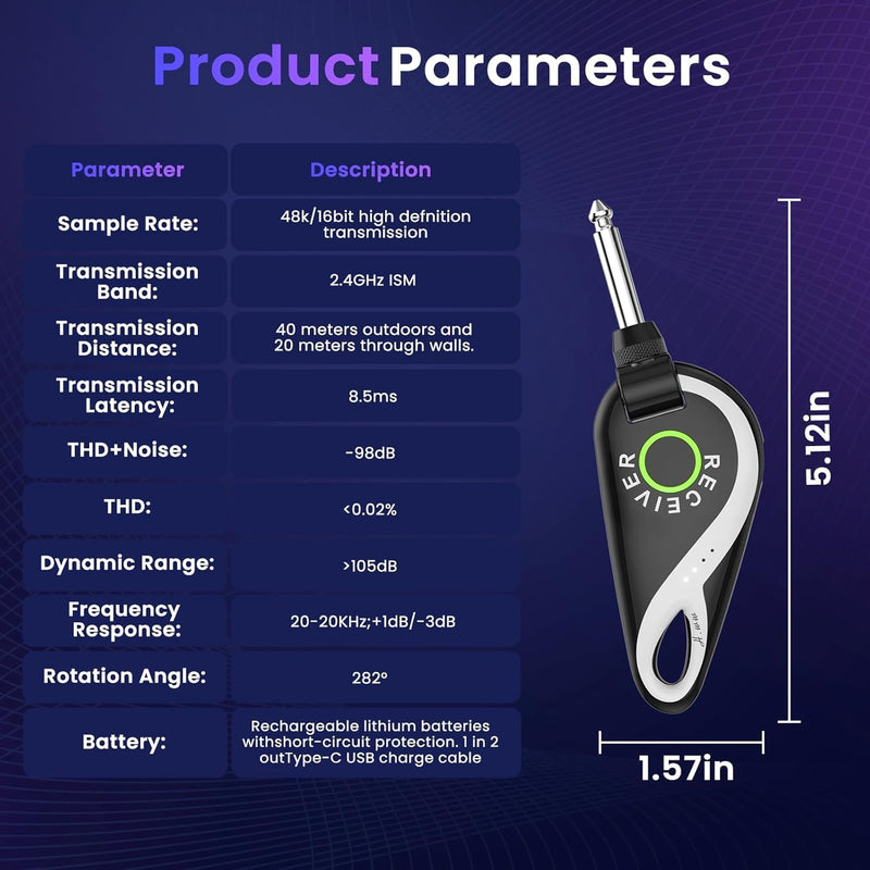 Wireless Guitar System 2.4 GHz, Professional Starter Rechargeable Audio Wireless Guitar Transmitter Receiver for Guitar, Bass, Electronic Instruments (H1)