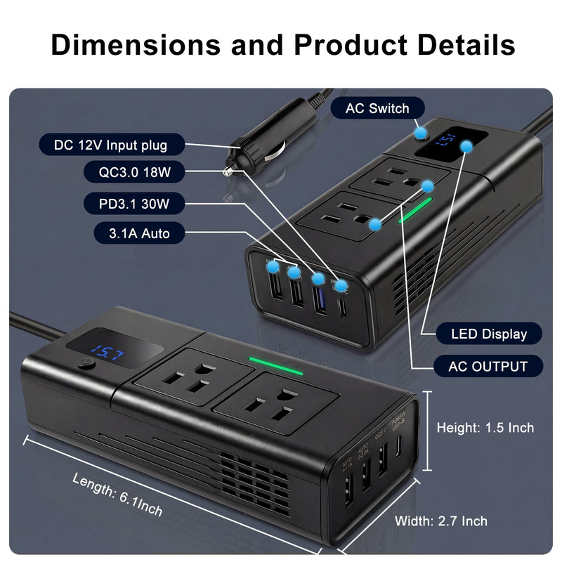 200W Car Power Inverter DC 12V to 110V AC Outlet fit for Tesla/Car/Truck | for 12V/16V, Dual AC Outlet Adapter 30W USB-C &18W USB Fast Car Converter with LED Display for Road Trip Travel Camping Gift
