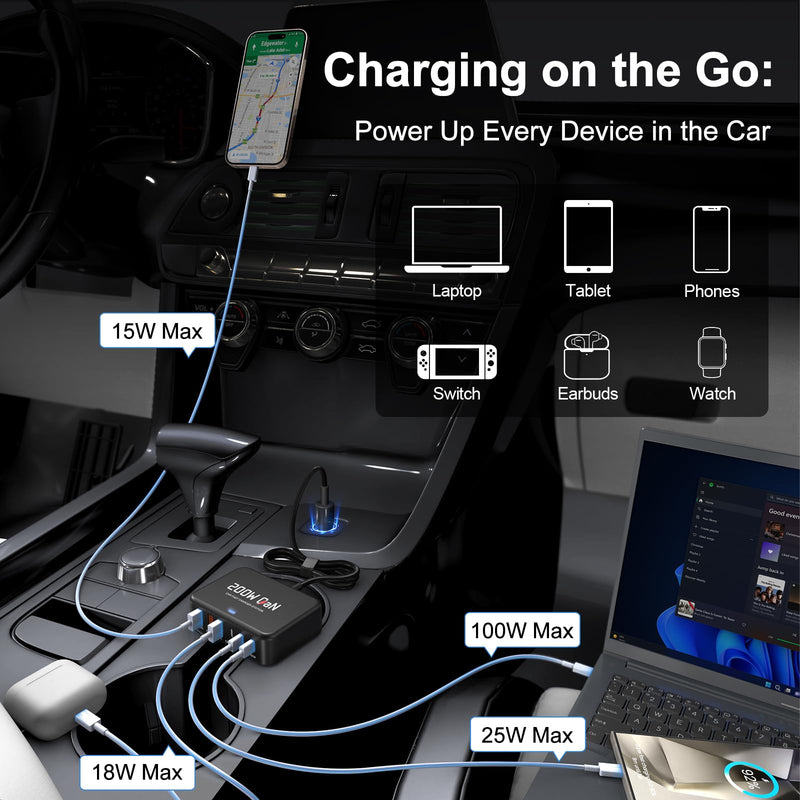 Dzytnsy 200W Car Fast Charging Station,6 Ports, Compatible with MacBook pro/Air/M5 M4 M3 M2 M1/Dell/Lenovo/HP,for iPhone 17/16/15 Series,Samsung Galaxy S26/S25 Ultra/S24 Series and More
