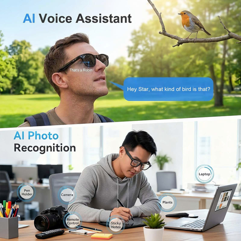 AI Smart Glasses with Camera, 4K HD Video Recording Sunglasses | Photo Capture,Real-Time Translation,Object Recognition,Open-Ear Music, Bluetooth Calls, AI Assistant Black