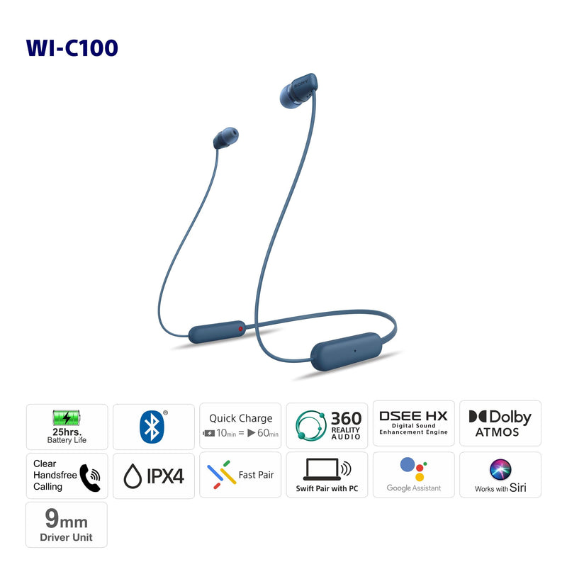 Sony WI-C100 Wireless in-Ear Bluetooth Headphones with Built-in Microphone,Blue,(Pack of 2) Blue One Size (Pack of 2)