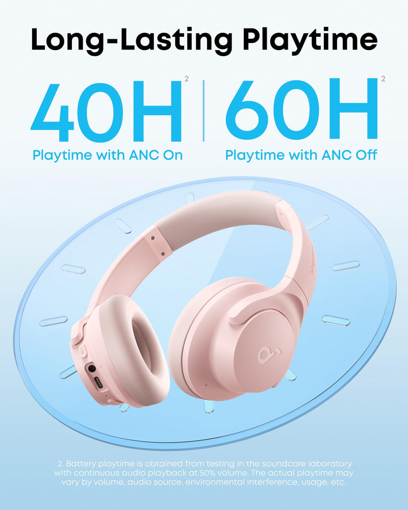 Soundcore by Anker Q20i Hybrid Active Noise Cancelling Headphones, Pink | Over-Ear, Bluetooth, 40H ANC Playtime, Hi-Res Audio, Big Bass, Transparency Mode, Customize via App, Travel, Home, Office Standard Modern