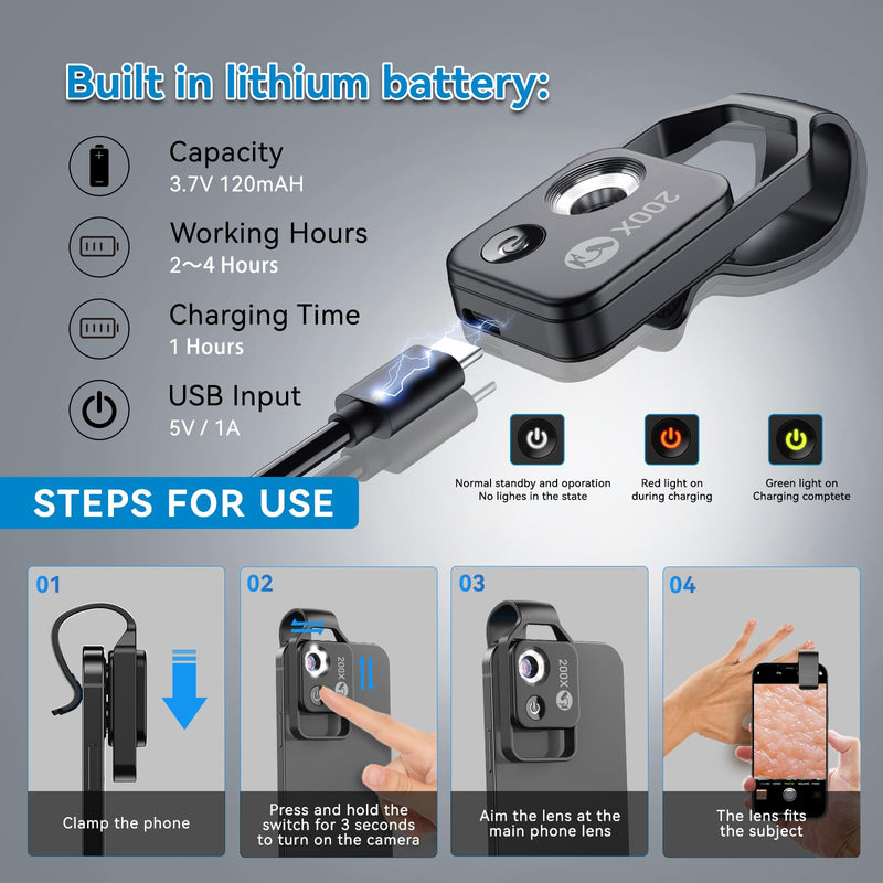 [AUSTRALIA] - APEXEL 200X Phone Microscope Lens, Nano Zoom Phone Micro Lens for iPhone Android with LED Light CPL Universal Clip, Nanozoom Mini Pocket Digital Microscope, Portable Smartphone Macro Lens Camera 