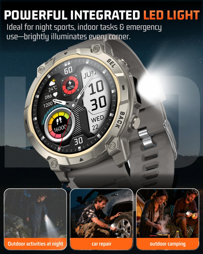 Military Smart Watch for Men, 1.39'' Fitness Tracker with LED Light, Step Counter, Sleep Calorie Monitor, Waterproof, 420mAh， Smartwatch (Make/Answer Call) for Android iPhone (Black) Black