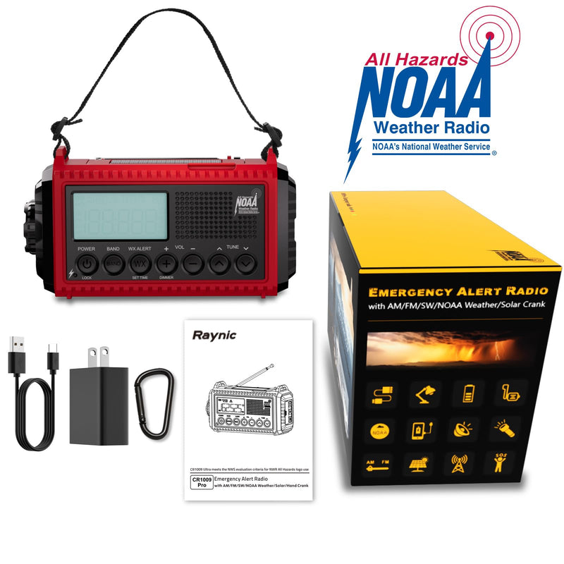 Raynic Emergency Radio, 5000mAh/18500mWh Weather Radio, Solar Hand Crank Emergency Radio with AM/FM/SW/NOAA, Cell Phone Charger, Headphone Jack, Flashlight, Type-C Charging and SOS Siren for Hurricane Red-LCD Display