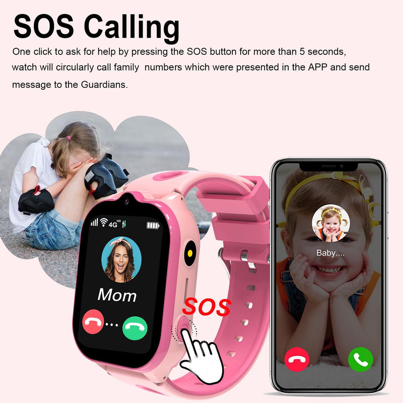 4G Kids Smart Watch with GPS Tracker, Smartwatches with Two Way Calling Video Calls SOS Class Mode Pedometer Alarm Clock Puzzle Games HD Touch Screen Safe Phone Watch for Kids Ages 4-12 Gifts (Pink) Pink