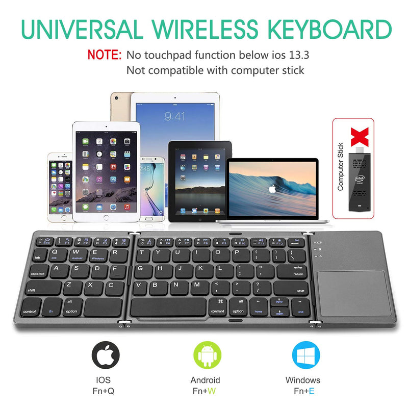 Foldable Bluetooth Keyboard with Touchpad - Samsers Portable Wireless Keyboard with Stand Holder, Rechargeable Full Size Ultra Slim Pocket Folding Keyboard for Android Windows IOS Tablet & Laptop-Gray Grey (BTx1)