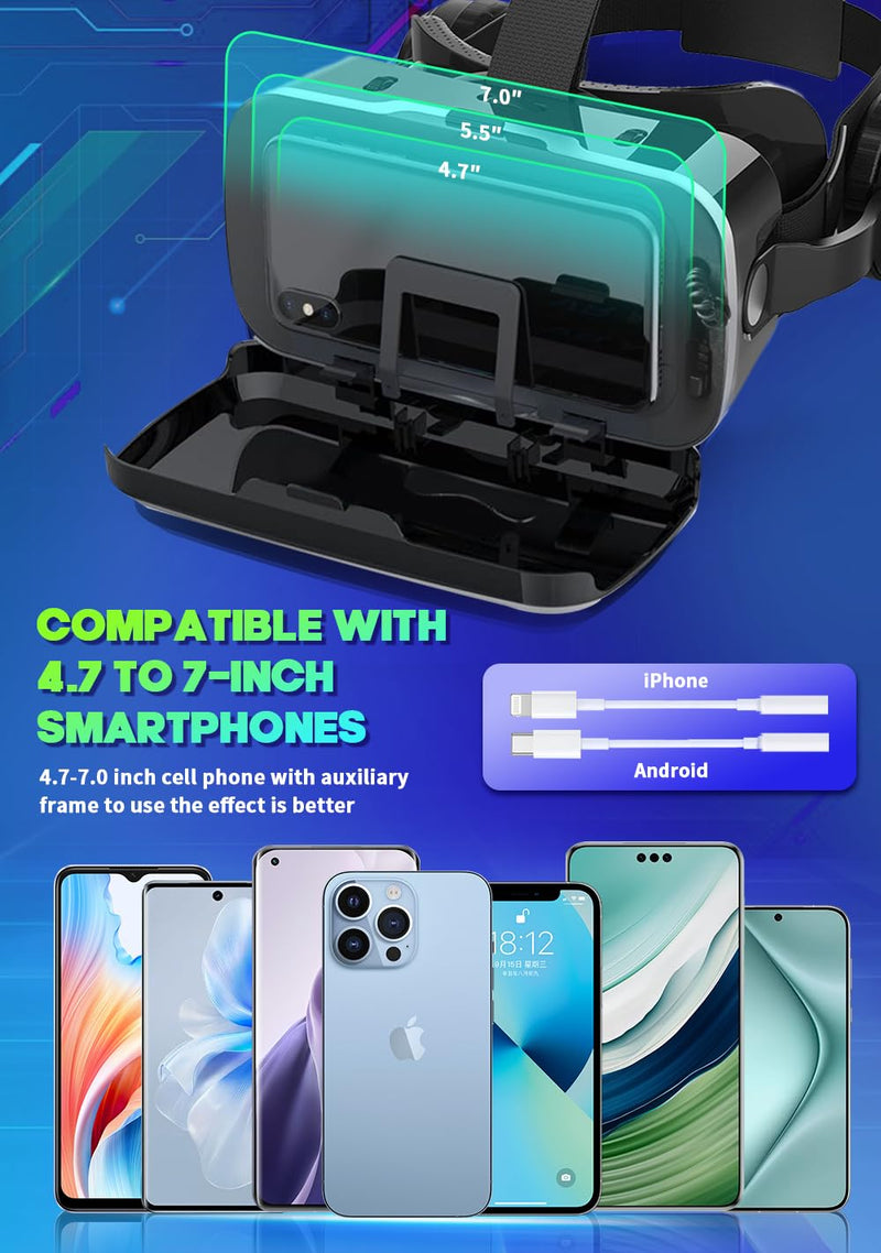 VR Headset with Built-in Headphones, 120° FOV Aspheric Lenses for 4.7-7" Smartphones, 3D VR Glasses Adjustable Focus/IPD, Compatible iPhone Android