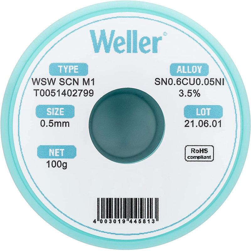 Weller WSW SCN M1 (T0051402799) 0.5mm Lead Free Solder Wire Alloy Sn99.3Cu0.6Ni0.05 Flux Content 3.5% 100g Silver 0,5mm, 100g