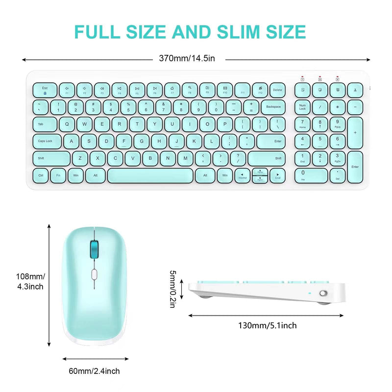 Wireless Keyboard Mouse Combo, cimetech Compact Full Size Wireless Keyboard and Mouse Set Less Noise Keys 2.4G Ultra-Thin Sleek Design for Windows, Computer, PC, Notebook, Laptop - (Aqua Green) Aqua Green