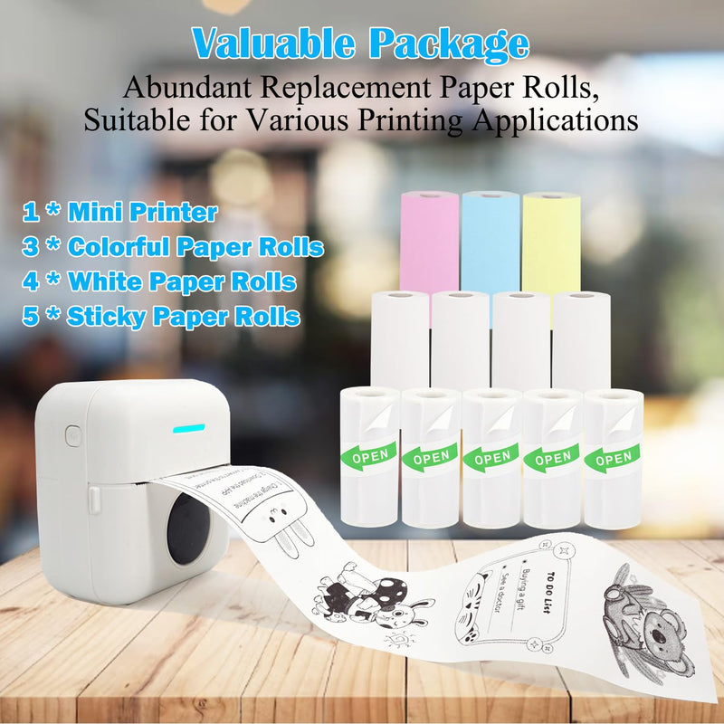 Mini Portable Printer, Inkless Sticker Printer with 12 Rolls Paper, Mini Thermal Printer for Notes/Photos/Stickers/Labels/Receipts, Pocket Printer for iPhone, Android Phone & Tablet, White