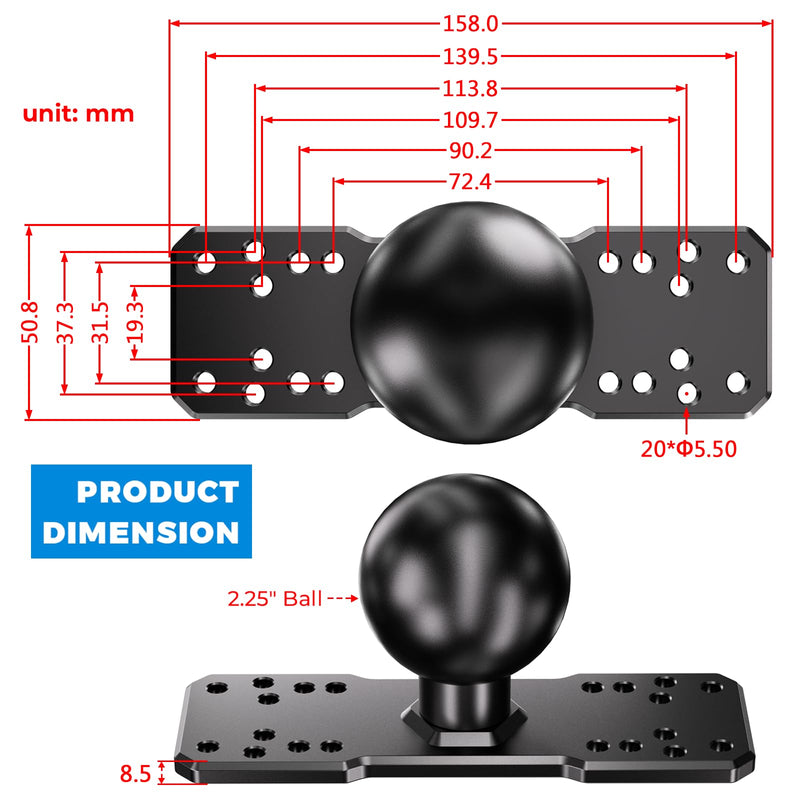 VAZESWIN 2.25" Ball Fish Finder Mount Aluminum Alloy AMPS Rectangular Plate | Universal Marine Electronic Mount Plate for Garmin, Lowrance, Compatible with RAM Mounts D Size 2.25" Ball Double Socket Arm