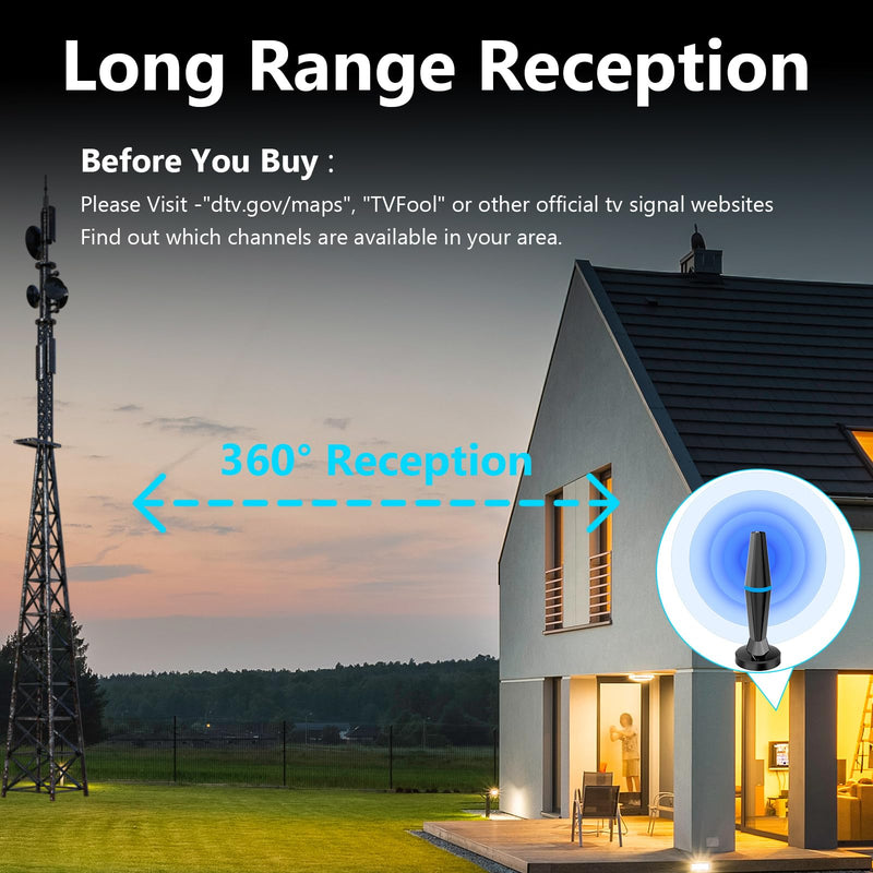 TV Antenna for Smart TV Indoor, TV Antenna for Local Channels | 360° omnidirectional long-range reception, plug-and-play with 10ft coax cable, supports all TVs for clear 4K 1080p US-BV15601