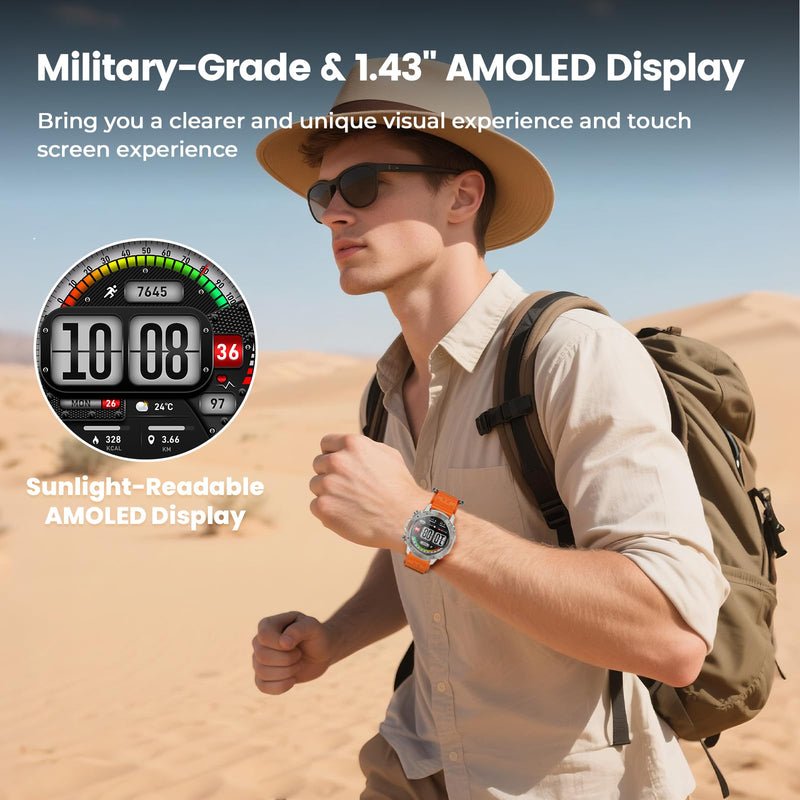 WalkerFit Smart Watch for Men, Rugged Tactical Fitness Tracker with 1.43" AMOLED Display, Bluetooth Calls, 5ATM Waterproof, 170+ Sports, SpO2/Heart Rate Monitor, 2 Bands, iPhone/Android Compatible