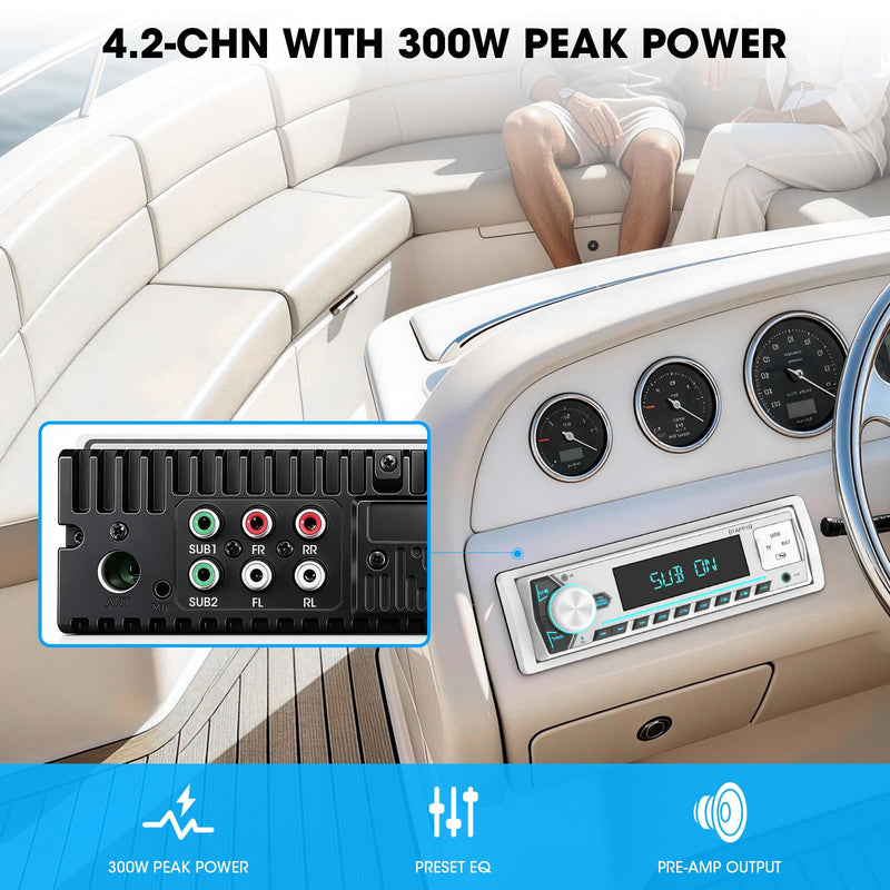 Single Din Bluetooth Marine Radio: Indash Car Stereo Receiver for Boat | Digital LCD Display AM FM AUX SD USB Fast Charging 2 Subwoofer Outputs White