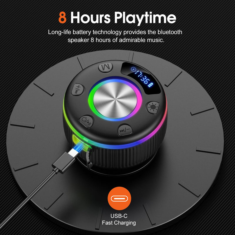 [AUSTRALIA] - Bluetooth Shower Speaker, Portable Bluetooth 5.3 Speakers Wireless with Time Display, IP7 Waterproof Speakers with RGB Light, Suction Cup, Mini Stereo Speaker for Bathroom Party Travel Beach Outdoor Jet Black 