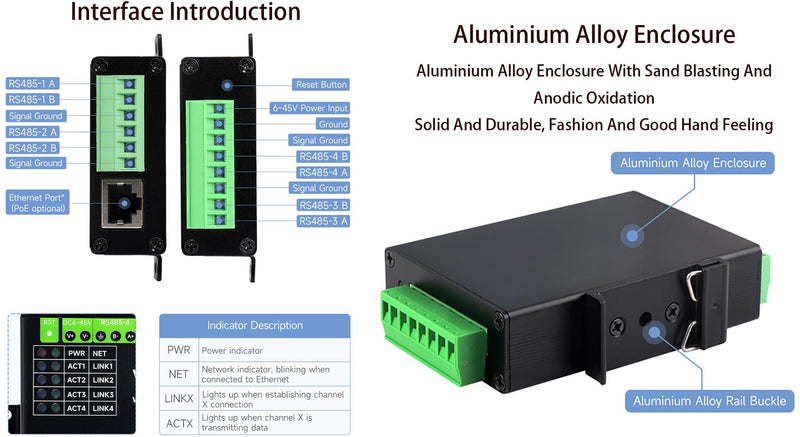 4-Ch RS485 to RJ45 Ethernet with POE Serial Server Adapter Industrial Isolated Serial Module, 4-CH Independent RS485, Support Modbus Gateway/MQTT/JSON, Bi-Directional Transparent Transmission