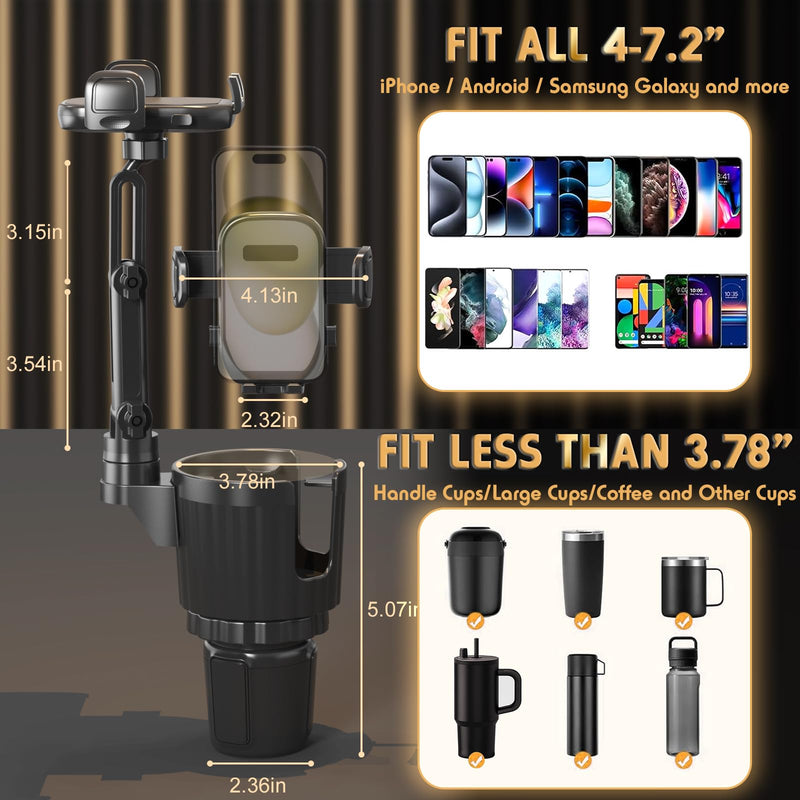 Phone Holders for Your Car, 2 in 1 Universal Stable Cup Car Phone Holder | Adjustable Base with Phone Mount, Hand Free, Long Arm, Non-Slip, 360°Rotation Cup Holder Phone Mount for All Smartphones Black