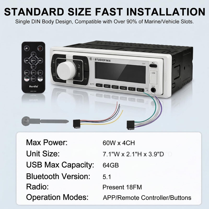 STUDIOFINIX Single Din Bluetooth 5.1 Marine Car Stereo Receiver, 240W Audio Head Unit with IR & APP Control, FM/AM Radio, Built-in Mic & EQ, USB/SD/AUX/MP3 for 12V Car Truck RV ATV UTV Boat(White) White