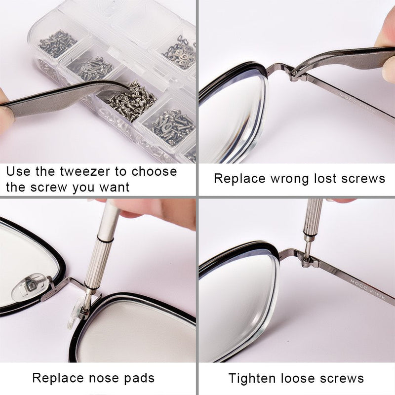 Sunglasses Eyeglasses Repair Kit, 1100PCS Tiny Stainless Steel Screws and 5 Pairs Nose Pads with Micro Screwdriver Tweezer for Watch Clock Spectacle Eye Glass Repair