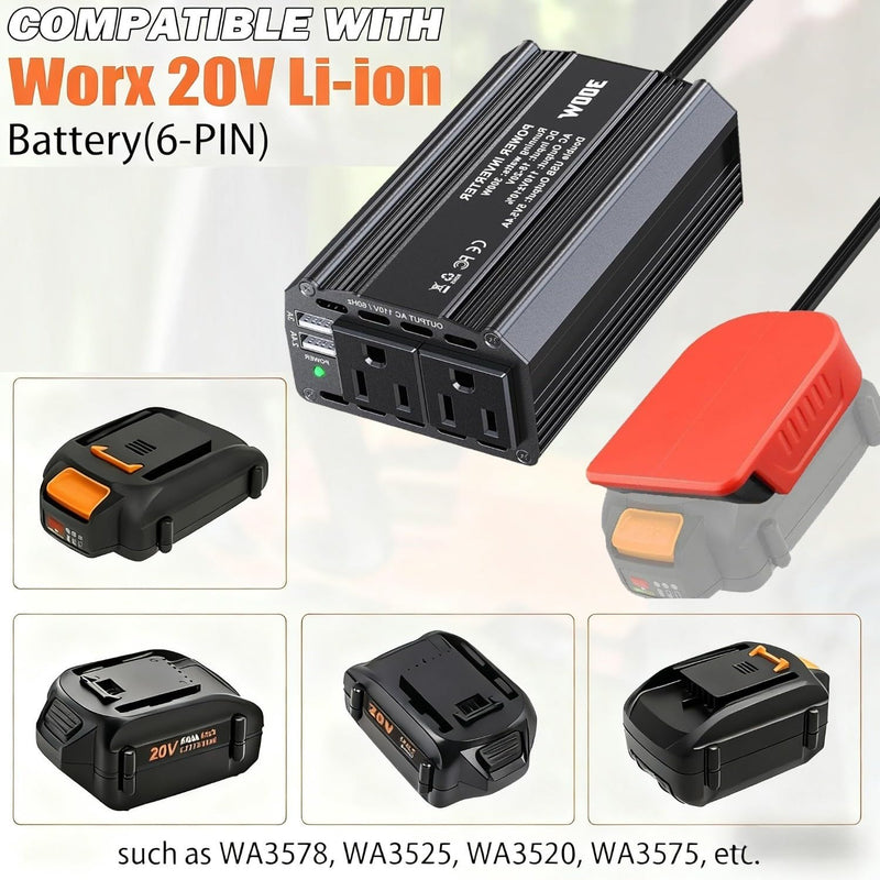 [AUSTRALIA] - 300W Power Inverter for Worx 20V 6PIN Li-ion Battery DC 20V to AC 110V 120V Battery Inverter Portable Power Station Generator with 2 AC Outlet & 2 USB Ports for Camping Outdoor 