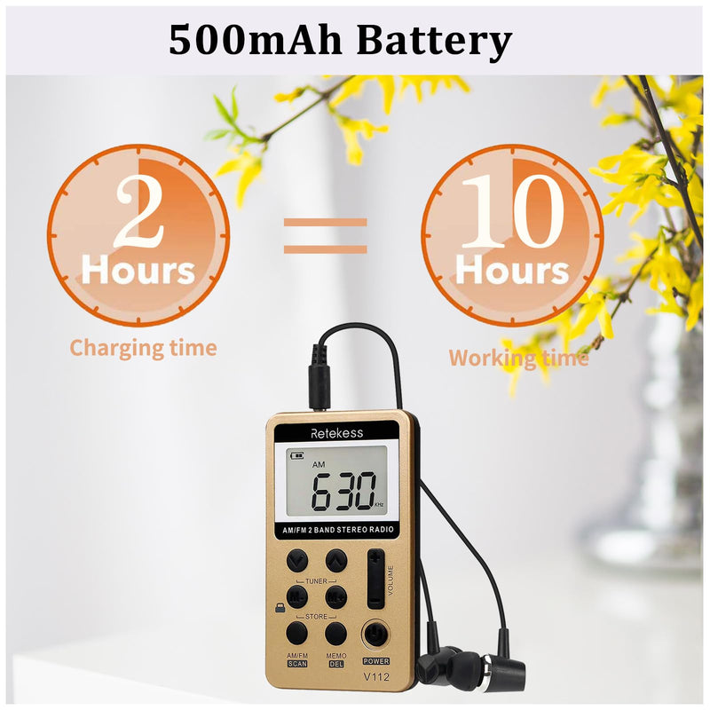 Retekess V112 AM FM Radio Portable, Mini Radio,Digital Tuning Rechargeable Battery LCD Display for Walking Jogging(Gold) Gold