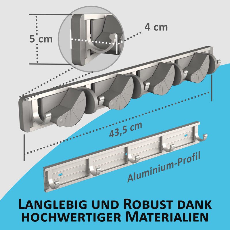 Space-saving tool holder [set of 2] - aluminium profile with 4 individually positionable brackets and 5 hooks [for brooms, garden tools, tools] - ideal in garage, workshop and garden